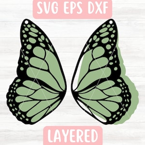 May include: A pair of layered butterfly wing shapes, cut out of green and black paper. The wings are symmetrical and have a detailed pattern of veins and spots.