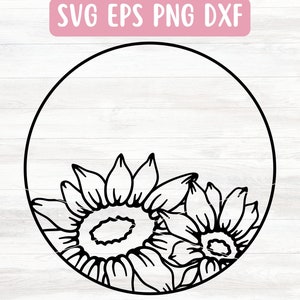 Könnte beinhalten: Schwarz-weiß-Linienkunst-Illustration von zwei Sonnenblumen in einem Kreis. Die Sonnenblumen sind nach rechts gerichtet.