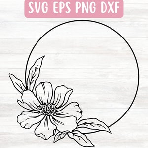 以下が含まれることがあります： 花と円が描かれた白黒の線画。花は5枚の花びらと葉を持っています。