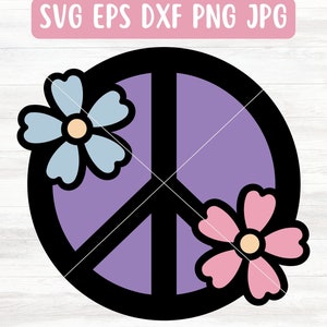 File SVG con simbolo della pace floreale per Cricut, SVG hippie per silhouette, SVG a strati per vinile, Download del file png con simbolo della pace, Vettore SVG anni '70