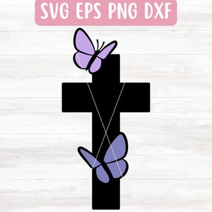 May include: A black cross design with two purple butterflies. The image includes the text "SVG EPS PNG DXF" in a pink rectangle at the top. The butterflies are positioned on the cross.