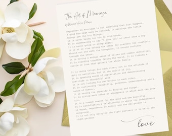 Impresión DIGITAL, Poema El arte del matrimonio, Regalo, Regalo para la esposa, Regalo para el esposo, Boda o primer aniversario, Cita de Wilferd Peterson, Impresión, Poema de amor