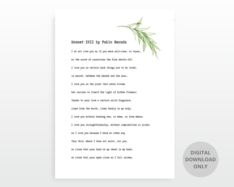 Pablo Neruda Poem Love XVII Love Poem Print Etsy