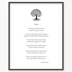 Puede incluir: Ilustración en blanco y negro de un árbol con el poema "Trees" de Joyce Kilmer. El poema dice: "Creo que nunca veré Un poema tan hermoso como un árbol. Un árbol cuya boca hambrienta está presionada Contra el pecho que fluye de la dulce tierra: Un árbol que mira a Dios todos los días, Y levanta sus brazos frondosos para rezar, Un árbol que puede llevar en verano Un nido de petirrojos en su cabello, Sobre cuyo seno ha yacido la nieve; Que vive íntimamente con la lluvia. Los poemas son hechos por tontos como yo, Pero solo Dios puede hacer un árbol. - Joyce Kilmer"