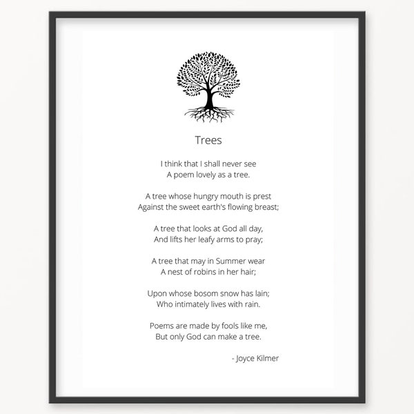 Printable Poem, Joyce Kilmer, Trees Poem, Quote, Instant download, Home wall poem, Wall art, Modern, Wall print, Home decor, Instant