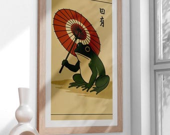 Vintage art, Japanese Frog with Umbrella, Toad wall art, Ukiyo-e Style Matsumoto Hoji Inspired
