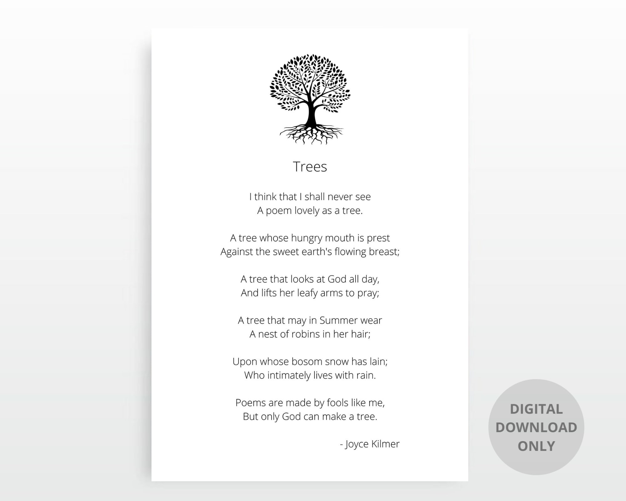 DIGITAL Print, Printable Poem, Joyce Kilmer, Trees Poem, Quote ...