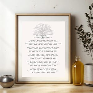 May include: A black and white printable poem titled "The Oak Tree" by Johnny Ray Ryder Jr. The poem is about the strength of an oak tree and how it endures the elements. The poem is printed on a white background with a gray silhouette of an oak tree at the top.