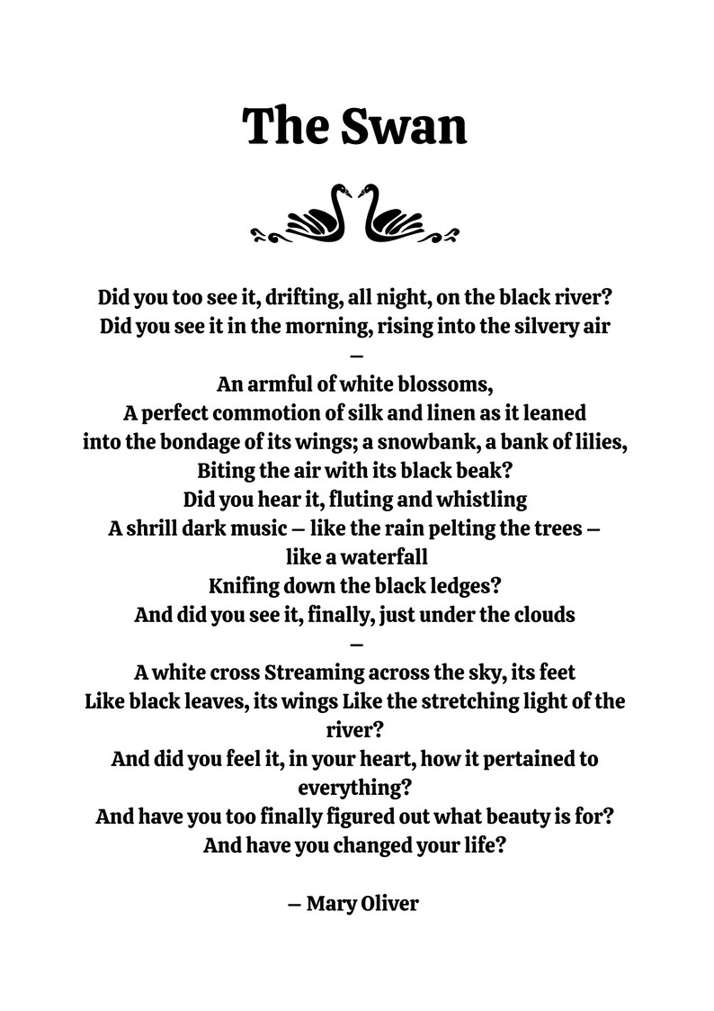 The Swan Mary Oliver The Swan poem Poem Gift Wall Art Etsy.de
