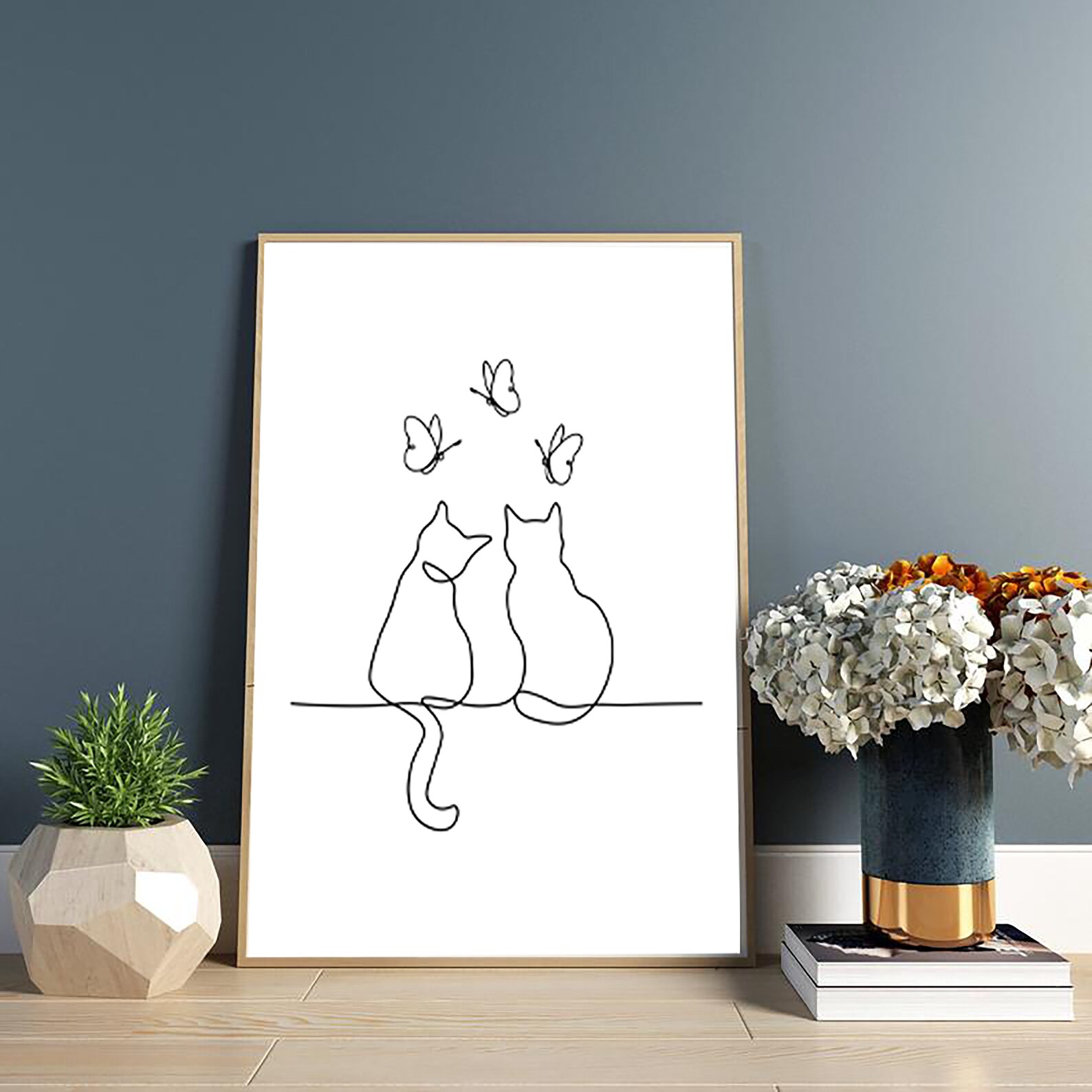 One Line Drawing Cats and Butterflies Wall Art Happy Cats Etsy
