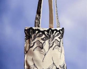 Handmade Floral Appliqué Tote Bag – Pearl Fringe Cotton Purse