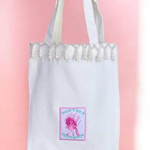 Handgemachte Baumwolltasche - Morton Salt Girl Aufnäher & Perlenfransen