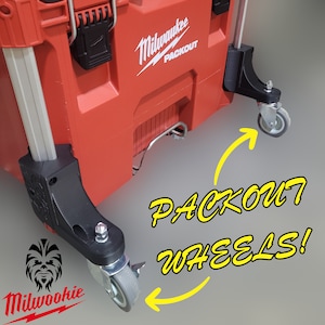 May include: Red Milwaukee Packout tool box with black wheels and a silver handle. The text "PACKOUT WHEELS!" is written in yellow on a white background.