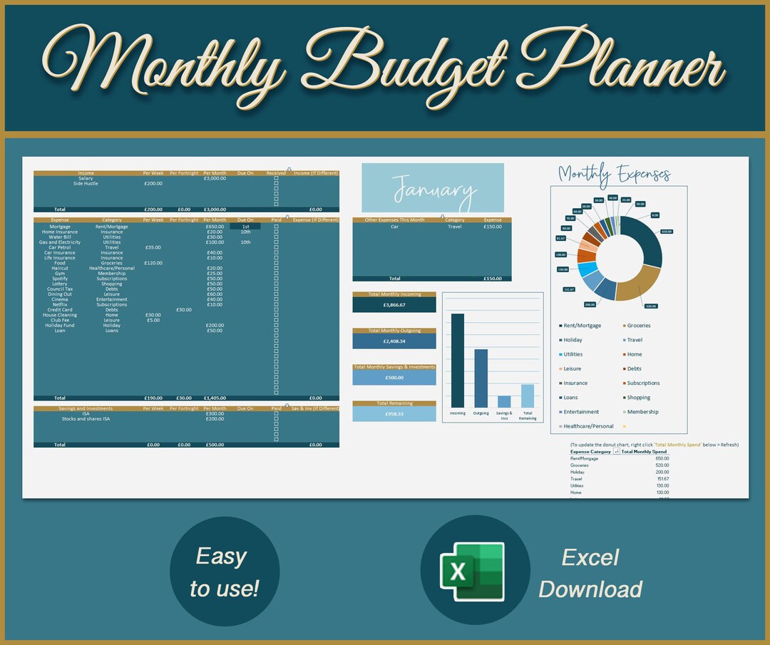 Monthly Budget Planner excel - Etsy