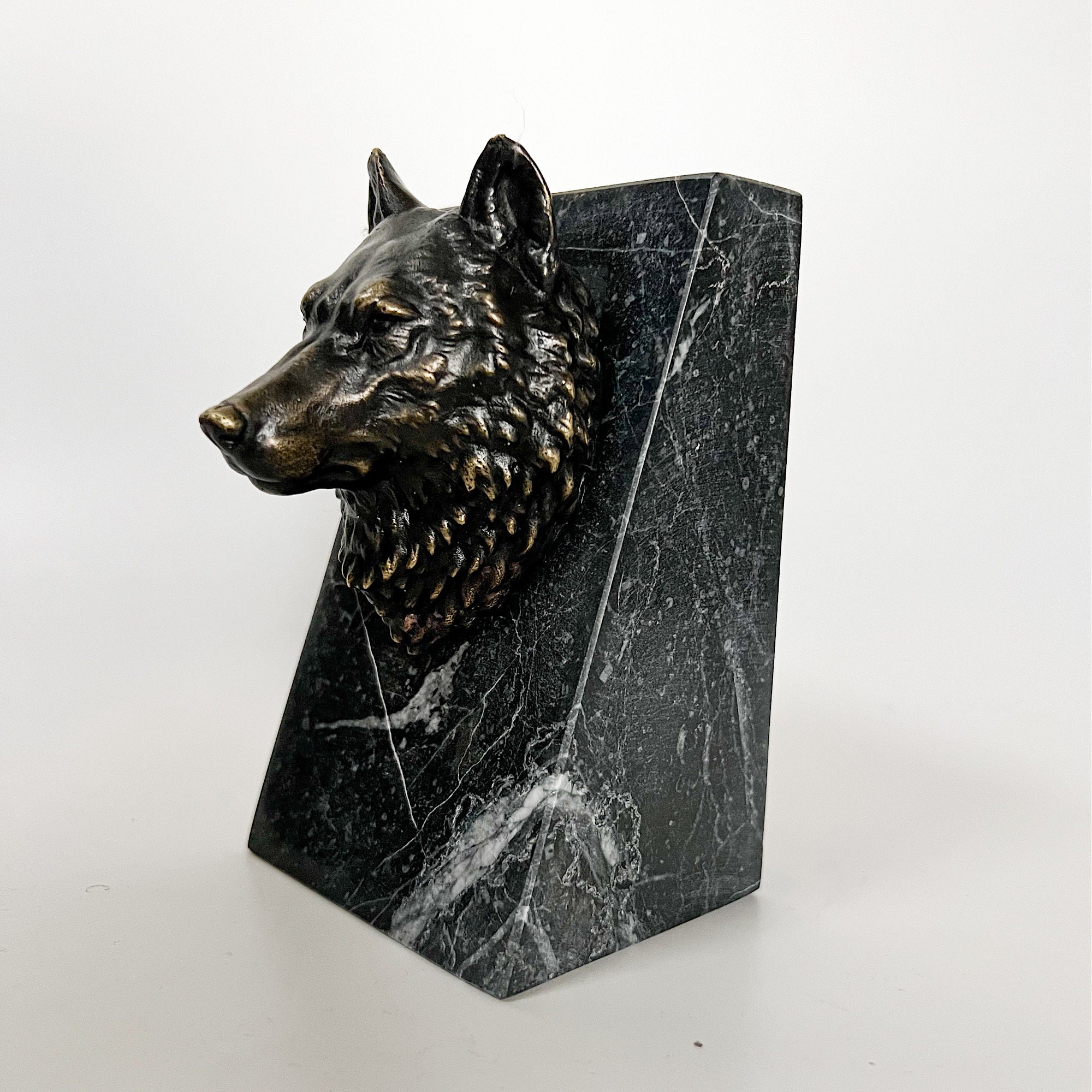 Library Display Wolves Bronze Wolf Book Holder, Wolf Bust on Marble, Library Decoration ...