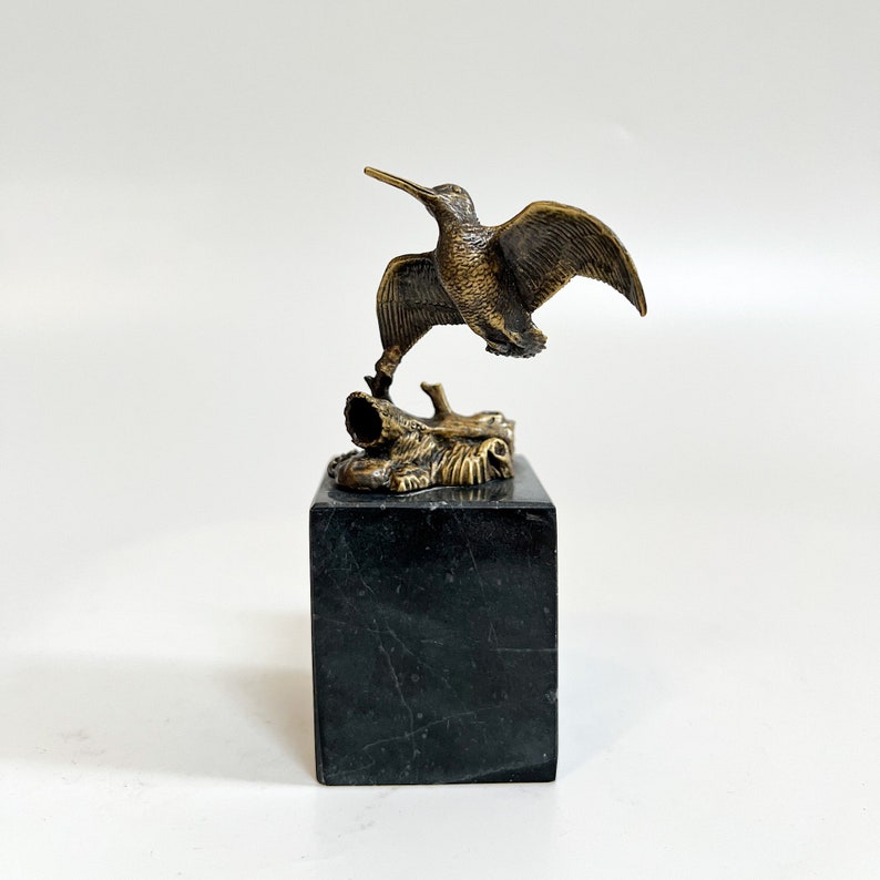 Statue de bécasse en bronze, bécasse sur marbre, sculpture de bécasse, figurine d'oiseau, article de décoration d'intérieur, statue d'oiseau, cadeau de pendaison de crémaillère image 1