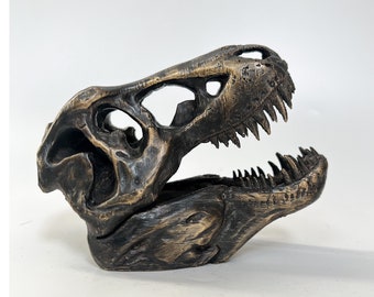 Bronze T Rex Skull Sculpture, Dinosaur Head Figure, Paleontology