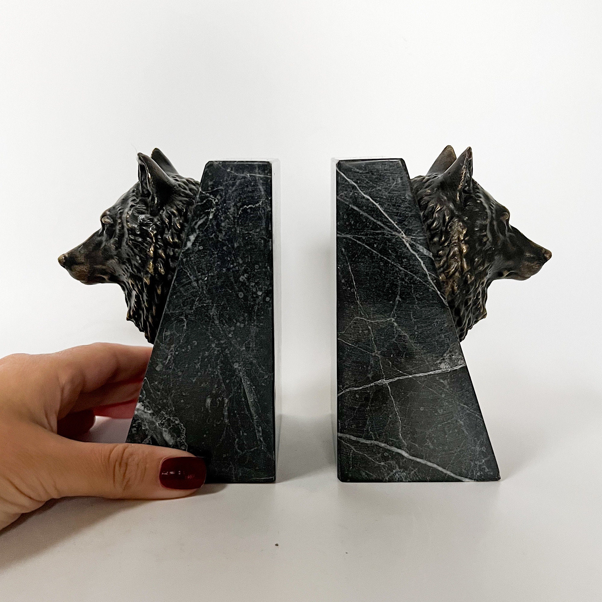 Library Display Wolves Bronze Wolf Book Holder, Wolf Bust on Marble, Library Decoration ...