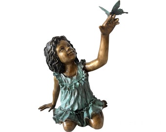 Bronze Garden Sculpture, Bronze Girl Statue, Girl with Butterfly Figure, Life size Bronze Girl, Child Sculpture, Garden Design Gift