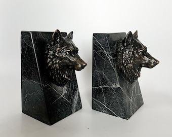 Bronze Wolf Book Holder, Wolf Bust on Marble, Library Decoration, Housewarming gift, Animal Lover Gift, Office Gift idea, Wolf Statue