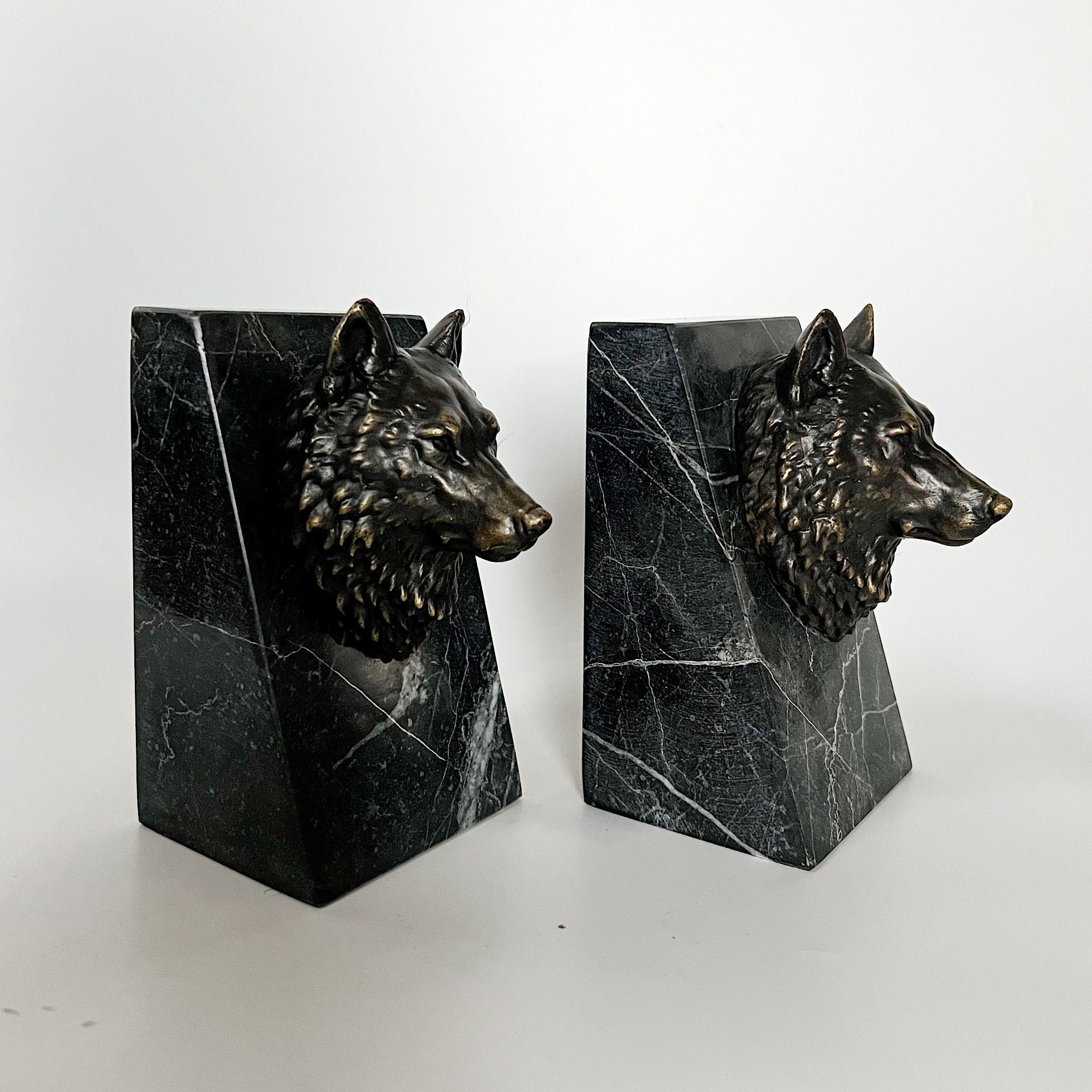 Library Display Wolves Bronze Wolf Book Holder, Wolf Bust on Marble, Library Decoration ...