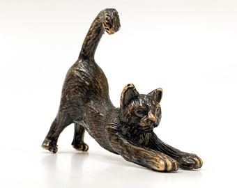 Bronze Cat Streching Statue, Cat Sculpture, Christmas Gift, Animal Art Figure, Miniature Cat Figure, Bronze Miniature, Cat Lover Gift
