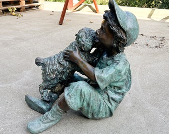 Bronze Garden Sculpture, Bronze Boy Statue, Boy with Dog Figure, Child Sculpture, Garden Design Gift, Boy with Dog Sculpture