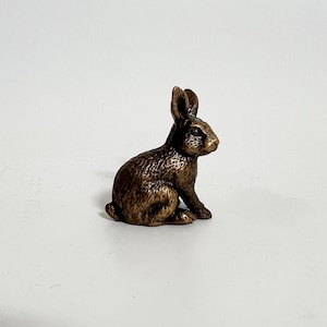 Op de afbeelding: Een klein bronzen beeldje van een zittend konijn met rechtopstaande oren. Het konijn is gedetailleerd met vacht en heeft een realistisch uiterlijk.