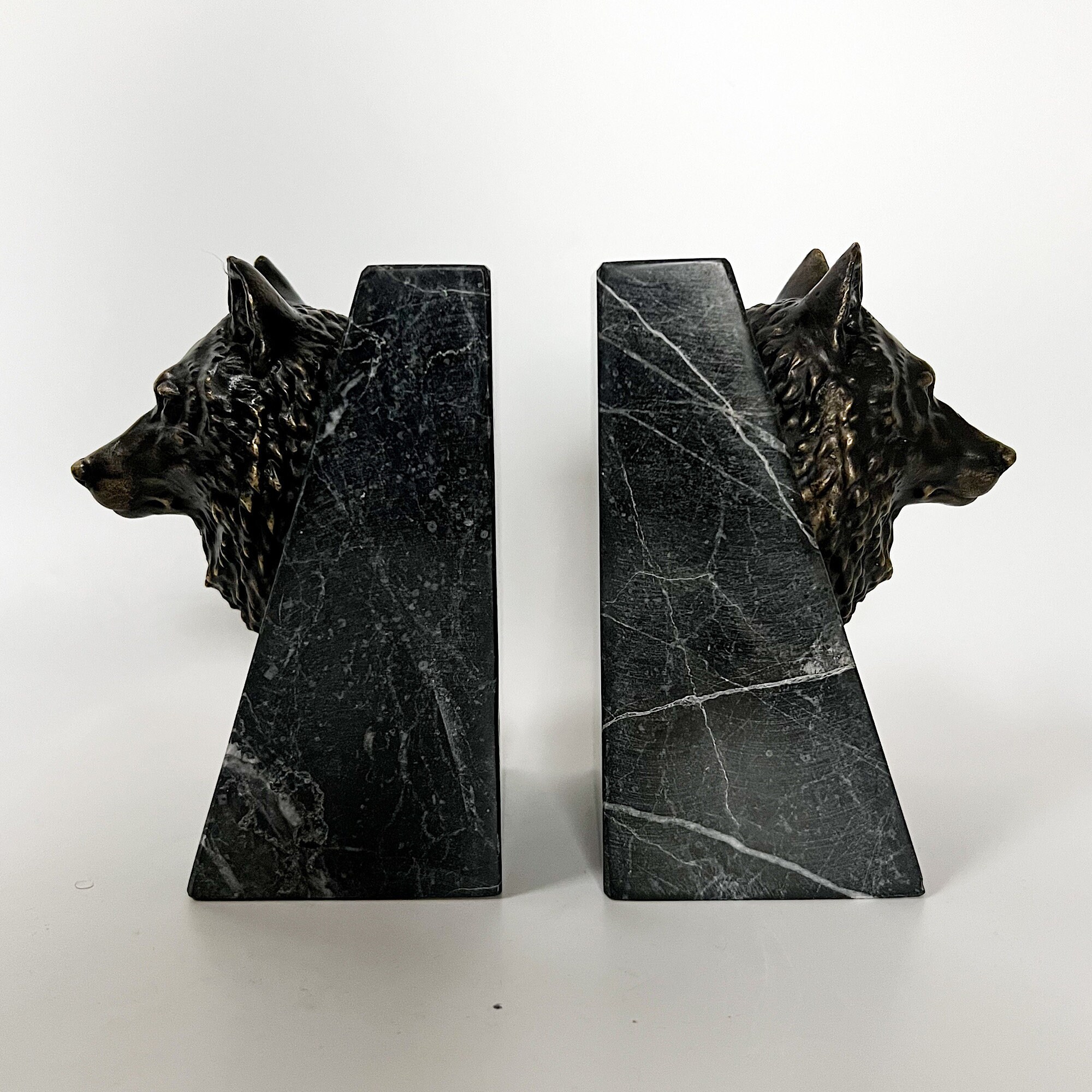 Library Display Wolves Bronze Wolf Book Holder, Wolf Bust on Marble, Library Decoration ...