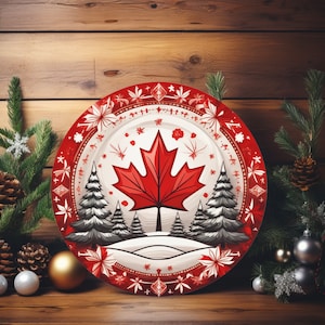 Kanadisches Weihnachtssublimationsdesign | Ahornblatt und Kiefern Bäume Digitaler Download | Urlaub Türschild, Ornament, Schneidebrett PNG