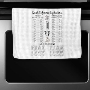 May include: A white kitchen towel with black text and illustrations. The text includes "Quick Reference Equivalents", "Weight", "Imperial", "Metric", "Temperature", "Fahrenheit", "Celsius", "Measurement", "Cup", "Oz", "ML", "Tbsp", and a table of measurements in ounces, grams, Fahrenheit, and Celsius.
