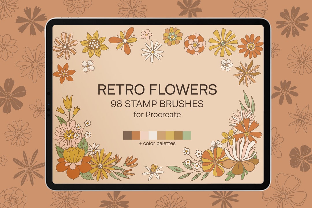 Retro Groovy Flowers & Leaves Stamp Brushes for Procreate, Procreate ...