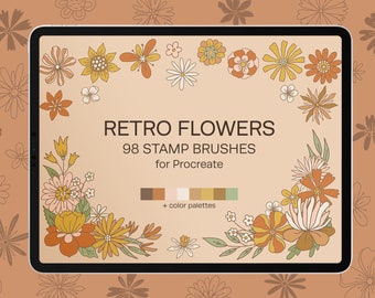 Retro Groovy Bloemen &Bladeren Stempel Borstels voor Procreate, Procreate stempels, Floral Brush Procreate, Digitale Borstels voor Ipad, Brush Set