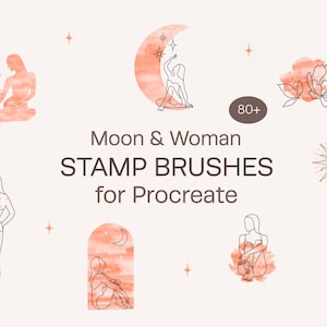 May include: A set of 80+ digital stamp brushes for Procreate featuring line art illustrations of women, moons, stars, and flowers. The illustrations are in a minimalist style and are rendered in shades of pink and brown.