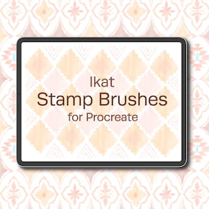 May include: A digital tablet shows the text "Ikat Stamp Brushes for Procreate" against a backdrop of peach, tan, and light blue diamond and geometric shapes. The background has a repeating floral pattern in similar colours.