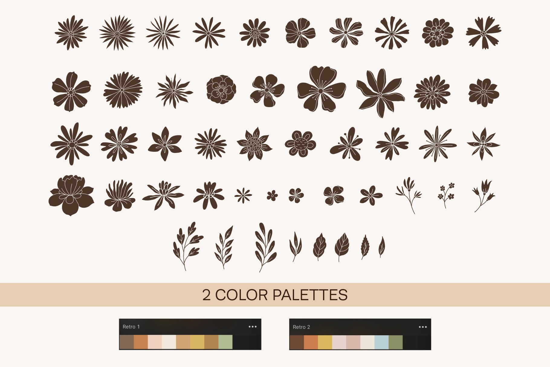 Retro Groovy Flowers & Leaves Stamp Brushes for Procreate, Procreate ...