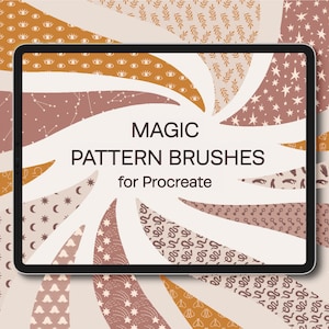 Może przedstawiać: Czarny tablet cyfrowy wyświetla tekst "MAGIC PATTERN BRUSHES for Procreate". Tło przedstawia wirujący wzór z motywami oczu, konstelacji, gwiazd, księżyców i węży w odcieniach brązu, beżu i pomarańczy.