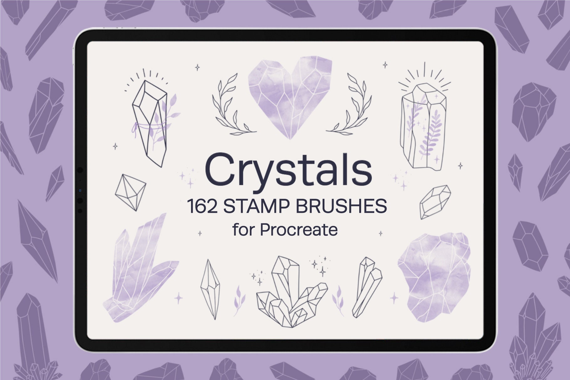 Pinceles de sellos de siluetas florales y cristales para Procreate — 162 sellos de gemas acuarela