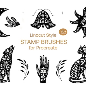 Linocut Style Stamp Brushes for Procreate, Silhouettes of Animals, Celestial, Procreate Stamps, Tattoo, Mystery, Boho Magical Stamp Set