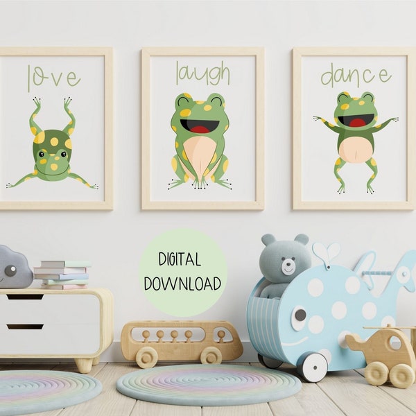 Cute Cartoon Frog Nursery Prints, Set Of 3 Prints, Neutral Nursery Wall Art Printables, Animal Prints, Playroom Decor