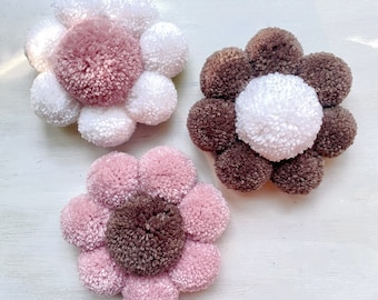 Set of Pom Pom Flowers | Pom Pom Daisy | Pink, White, Taupe, Brown | Flower Wall Decor | Bedroom Decor | Nursery | Girl Decor | Baby Shower
