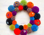 12 quot Halloween Pom Pom Wreath Halloween Spiders, Eyeballs Halloween Decor Halloween Wreath Orange, Black, Purple, Green Door Decor