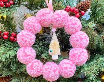 8" Christmas Pom Pom Wreath | Holiday Pom Pom Wreath | Bottle Brush Christmas Tree | Pink Wreath | Retro Christmas | Kid, Teen