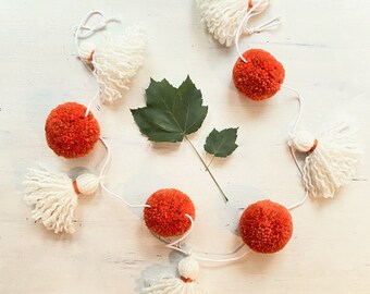 4.5' Orange Autumn Garland | Pom Pom Garland | Tassel Garland | Fall Decor | Orange White | Fall Wedding | Classroom Decor | Home Decor