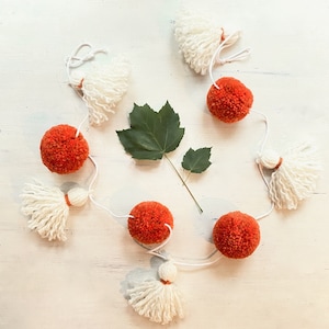 4.5&#39; Orange Autumn Garland | Pom Pom Garland | Tassel Garland | Fall Decor | Orange White | Fall Wedding | Classroom Decor | Home Decor