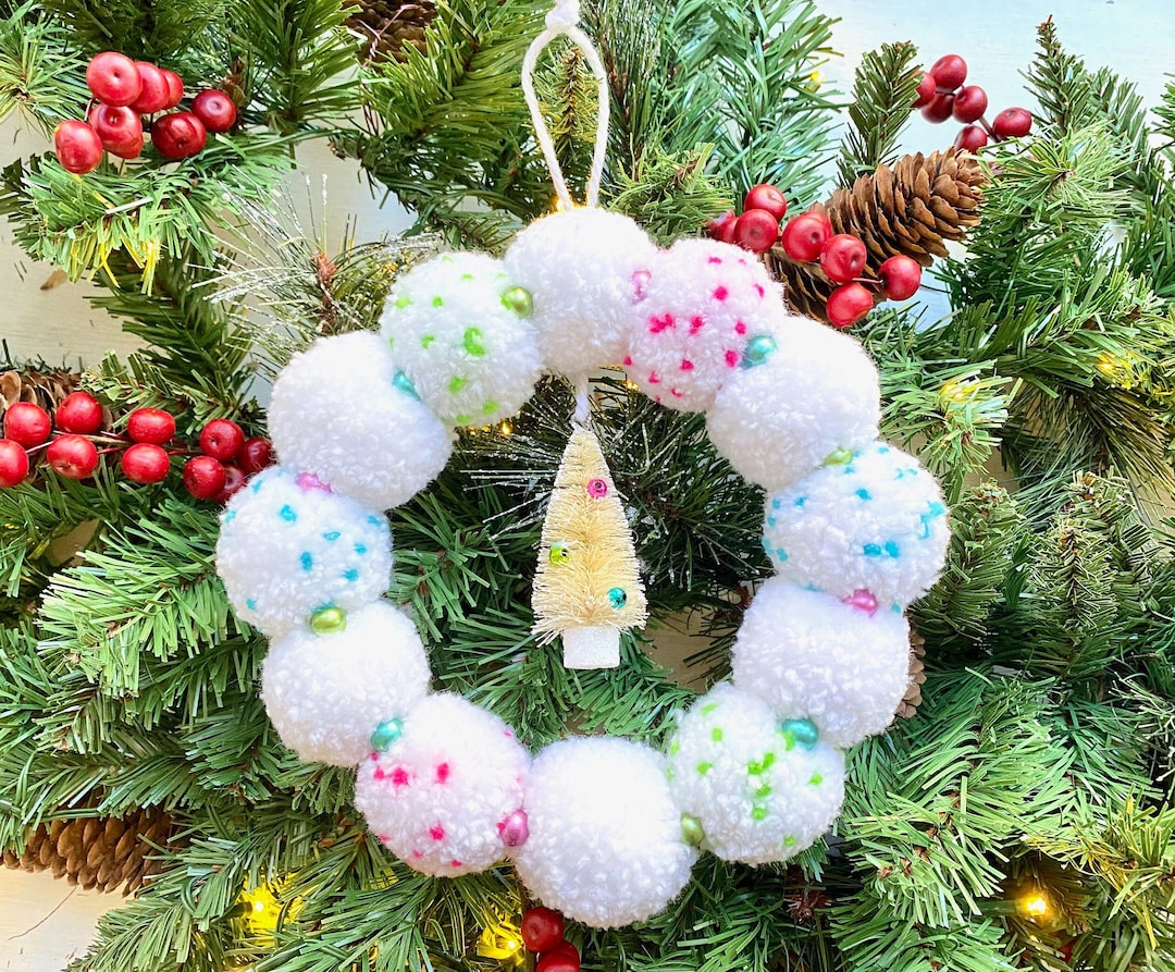 8 Christmas Pom Pom Wreath Holiday Pom Pom Wreath Bottle Brush