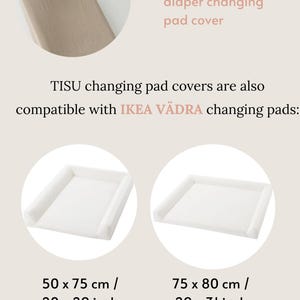 Op de afbeelding: Maattabel voor luierverversingsmatjes. De tabel toont twee maten: 50 x 75 cm en 75 x 80 cm. De hoezen zijn compatibel met IKEA V&Auml;DRA luierverversingsmatjes.