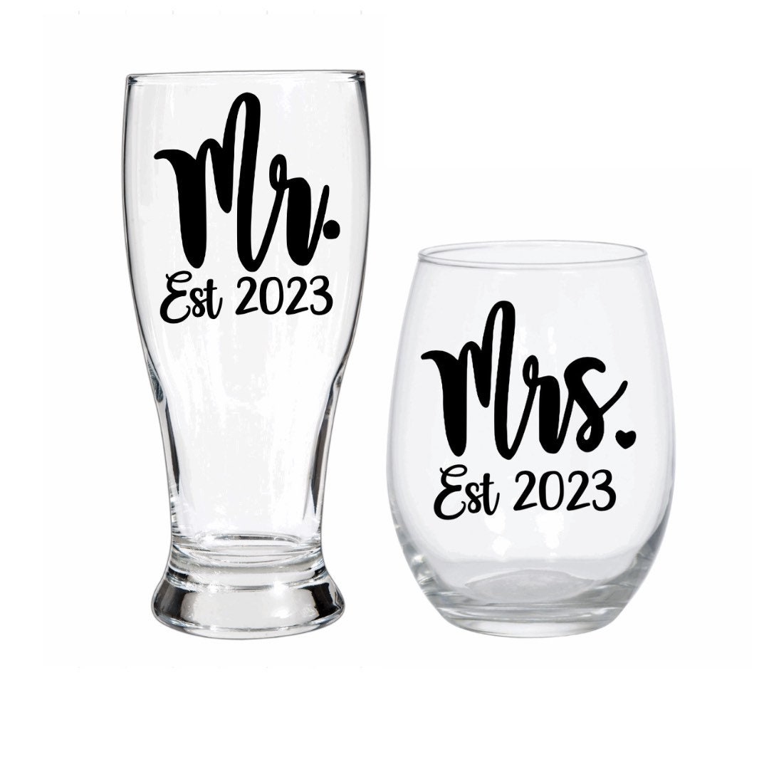 Mr. and Mrs. Est 2023 Wine Glass Beer Glass Set Bride and Groom Gift