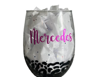 Personalized Leopard Wine Glass - Personalized Wine Glass Cheetah Wine Gift for Her Cheetah Leopard Print Gifts Present- Stemless Wine Glass