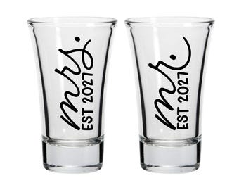 Mr. and Mrs. Shot Glasses Mr. Mrs Est 2027 Elegant Black Font 2oz Shot Glass Wedding Gift for the Couple to Be Mr. and Mrs. 2027 Mr Est 2027